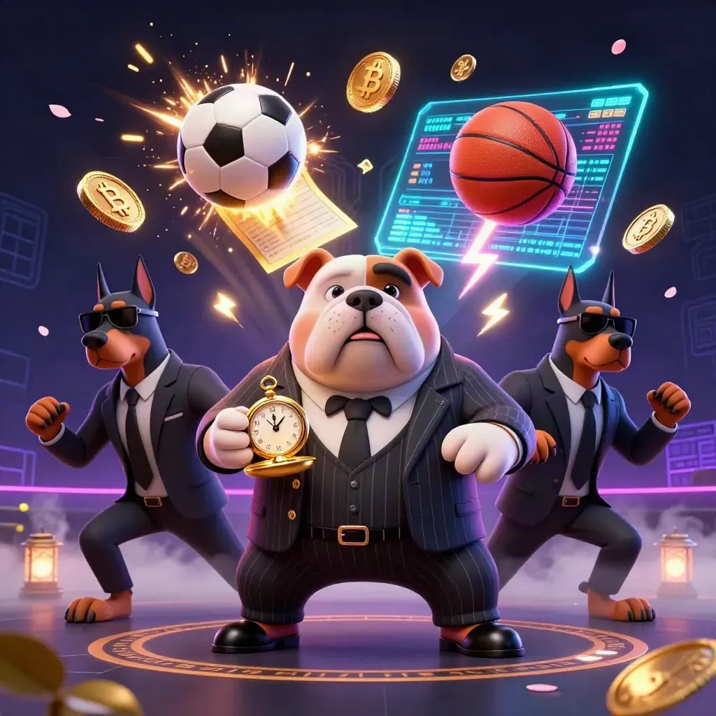 Bulldog casino boss and Doberman guards amid flying soccer and basketball action, neon casino lights.