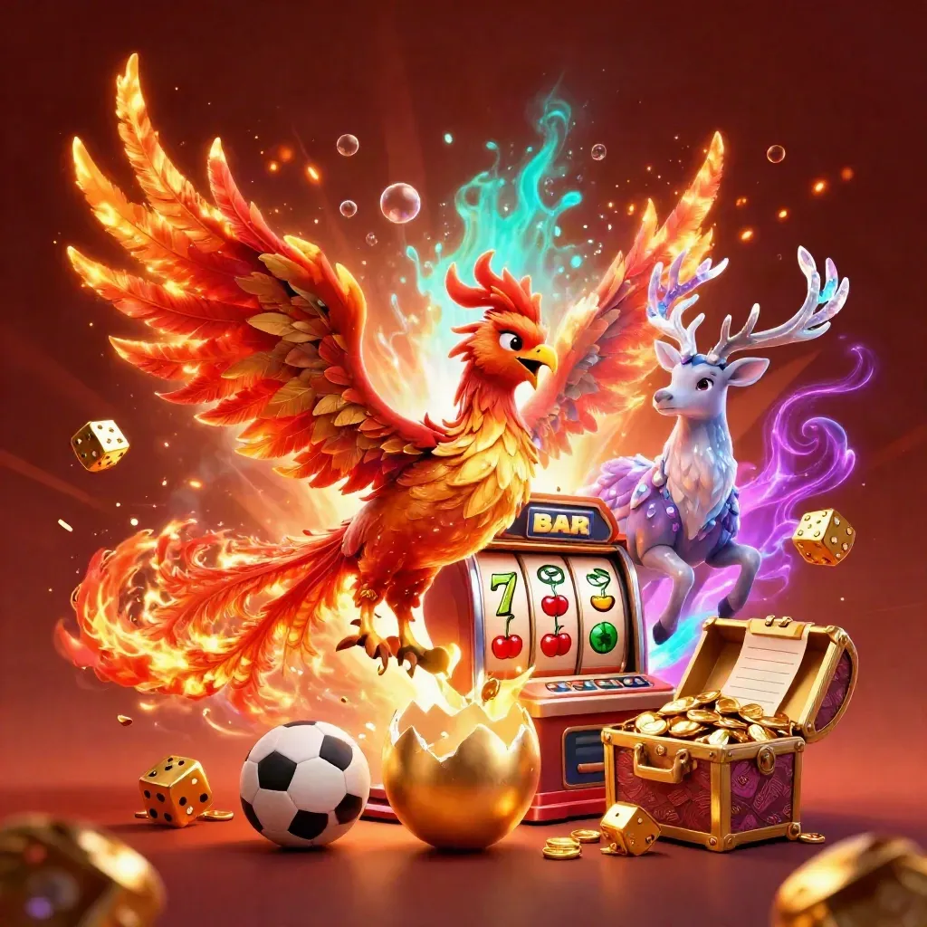 Phoenix, stag, slot machine, and casino symbols bursting in fiery neon light.