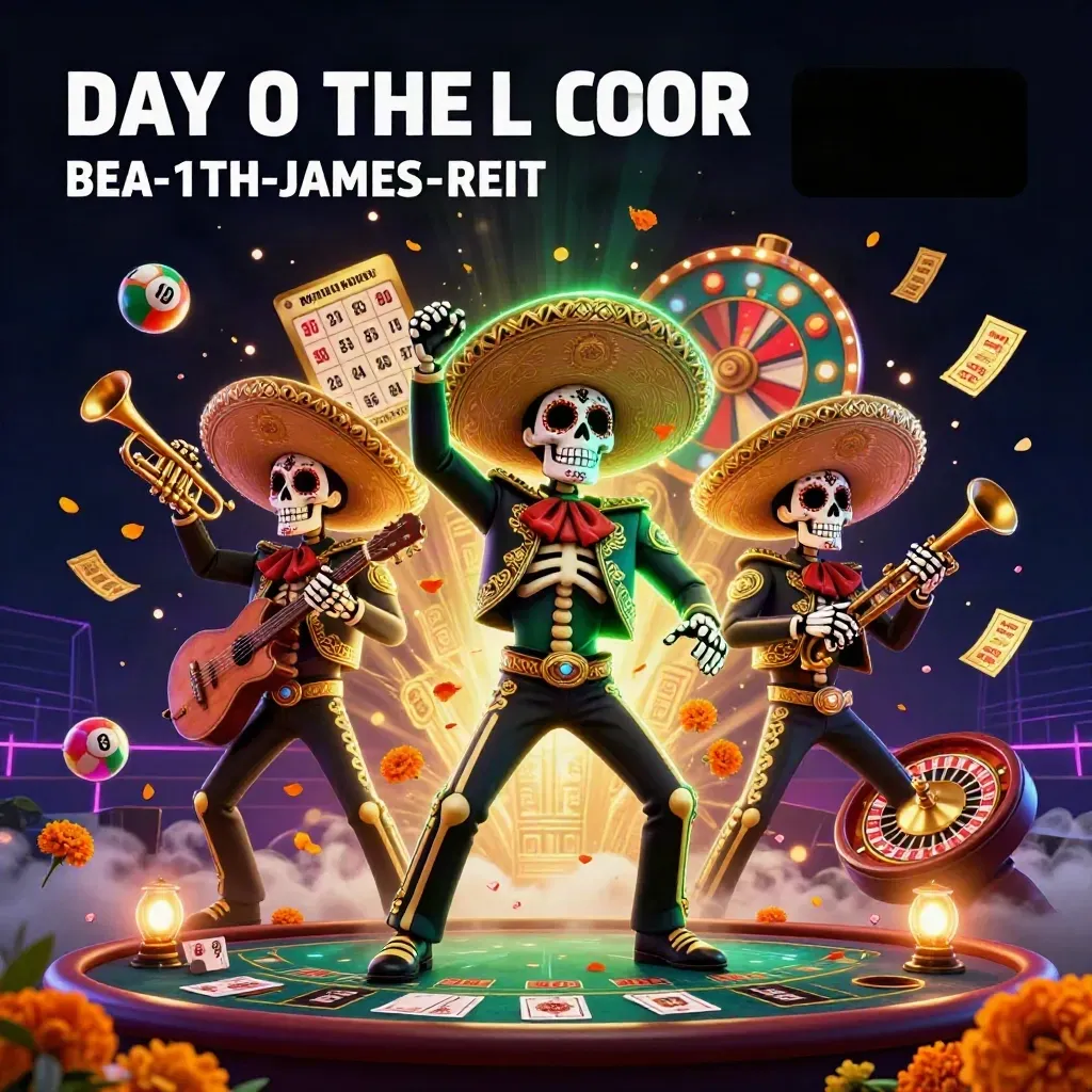 Skeleton mariachi trio amid casino props, neon emerald glow, petals, roulette wheel, and gold accents
