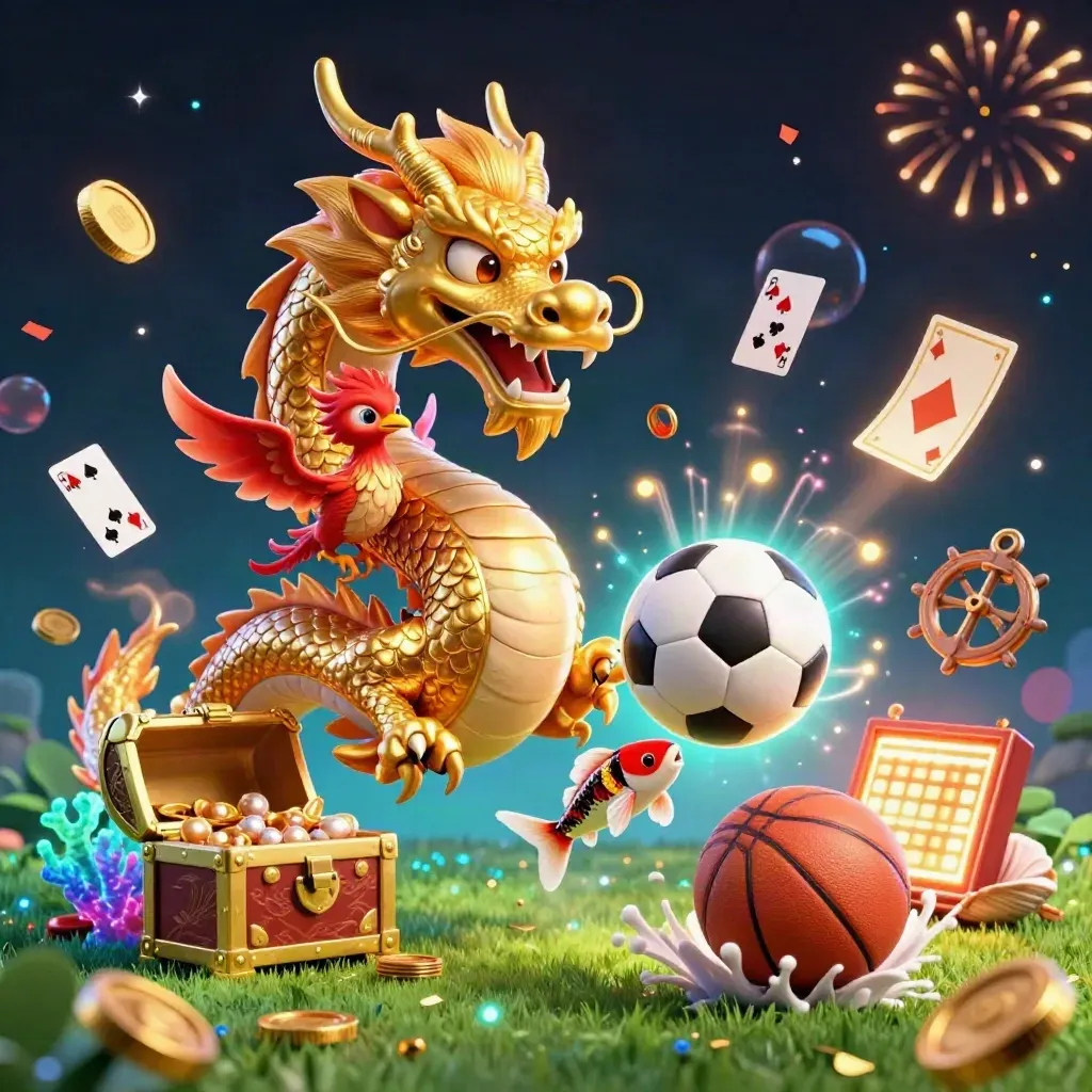 Golden dragon with phoenix and koi amid flying sports balls, coins, coral, and casino magic