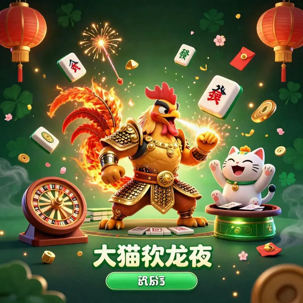 Rooster warrior, dragon hatchling, and fortune-cat in a neon casino blaze with tiles and lights.