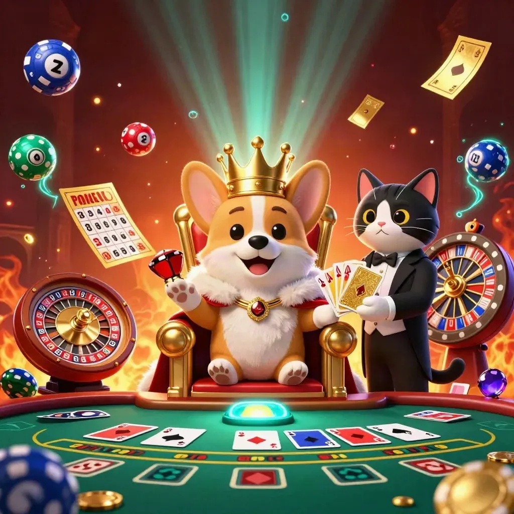 Crowned corgi and cat butler in a neon casino, with spinning wheel, lottery balls, and ember glow.