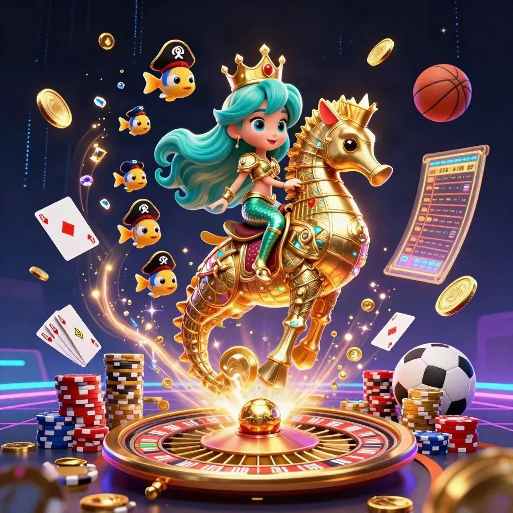 Mermaid princess on armored seahorse amid casino chips, coins, roulette wheel, cards and neon sports props.