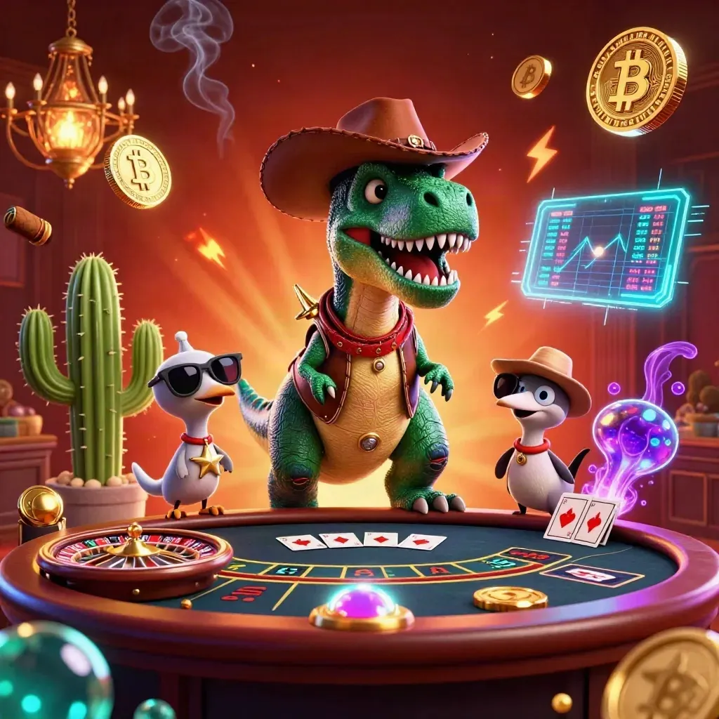 Cowboy T-Rex, cactus sidekick and roadrunner in a luxe live-casino scene with neon crypto accents.