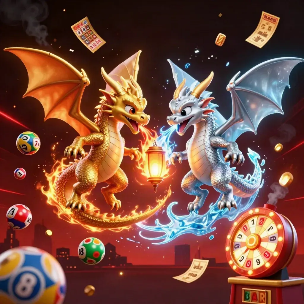 Gold and silver dragons spiral in yin-yang fire and ice amid casino treasures and neon glow