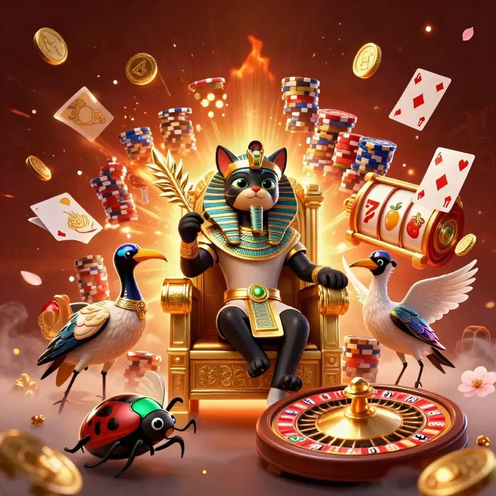 Pharaoh cat, ibis scribe, and gem-winged scarabs amid casino riches and glowing runes.