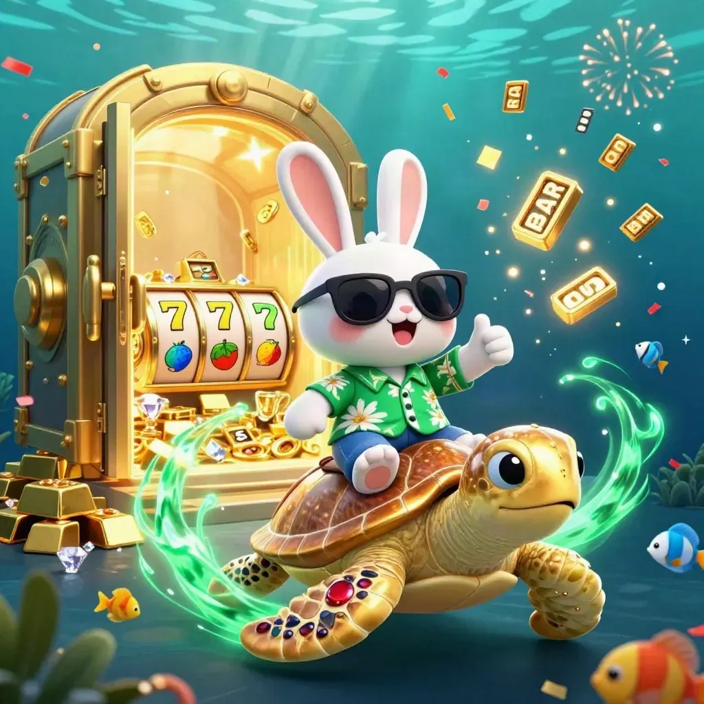 Lucky rabbit rides a jeweled sea turtle as treasure, gems and casino icons explode underwater.