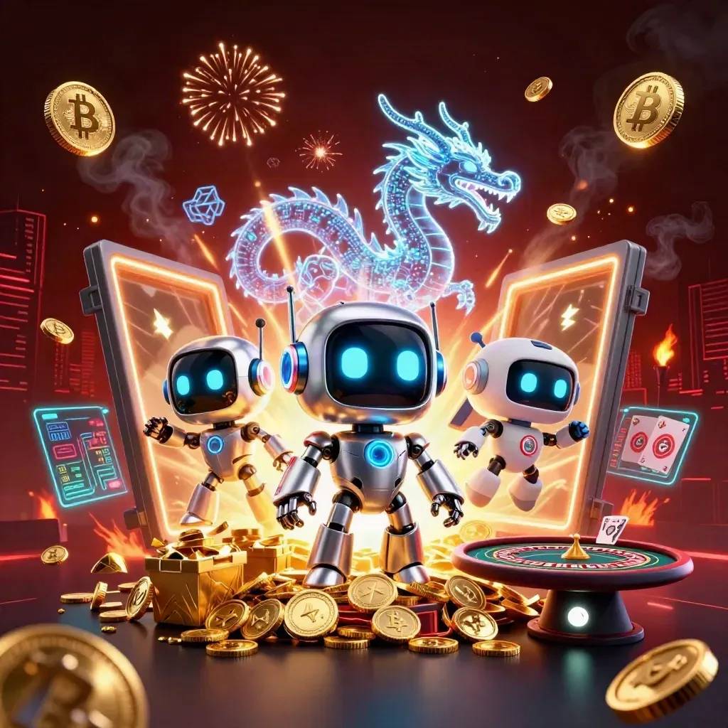 Cyberpunk robot, digital dragon, and coin drone amid casino treasure, coins, and neon effects
