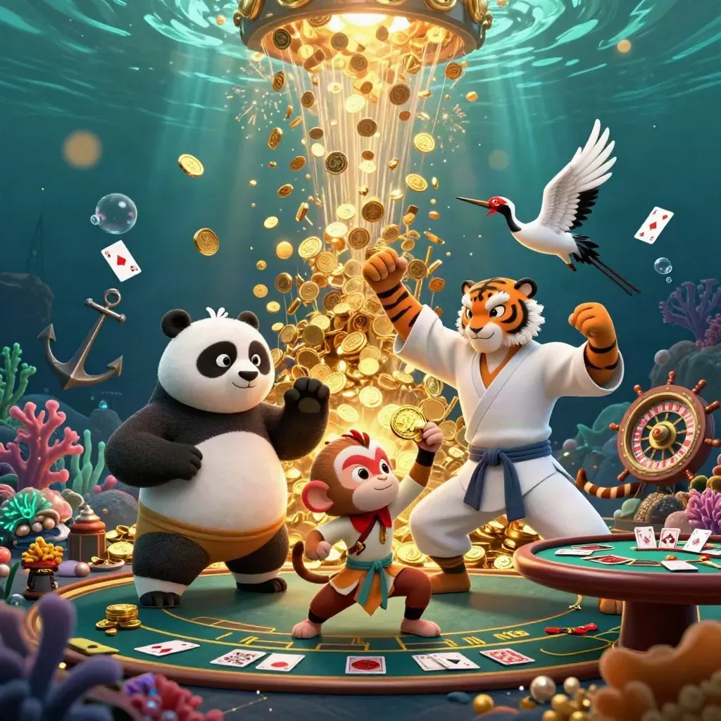 Kung-fu tiger, panda, and monkey celebrate in an underwater casino treasure storm.