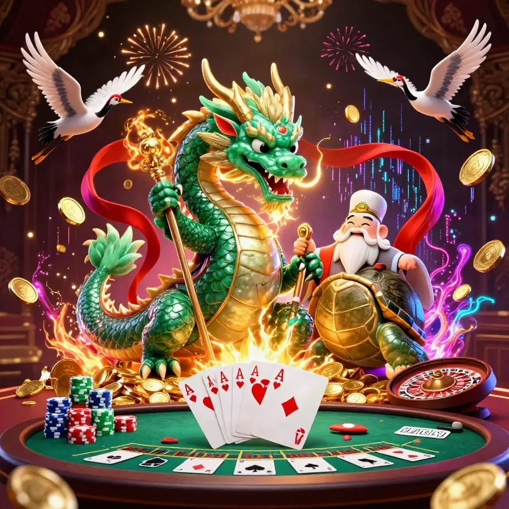 Emerald dragon, turtle sage, and cranes amid casino treasure, chips, cards, and fireworks.