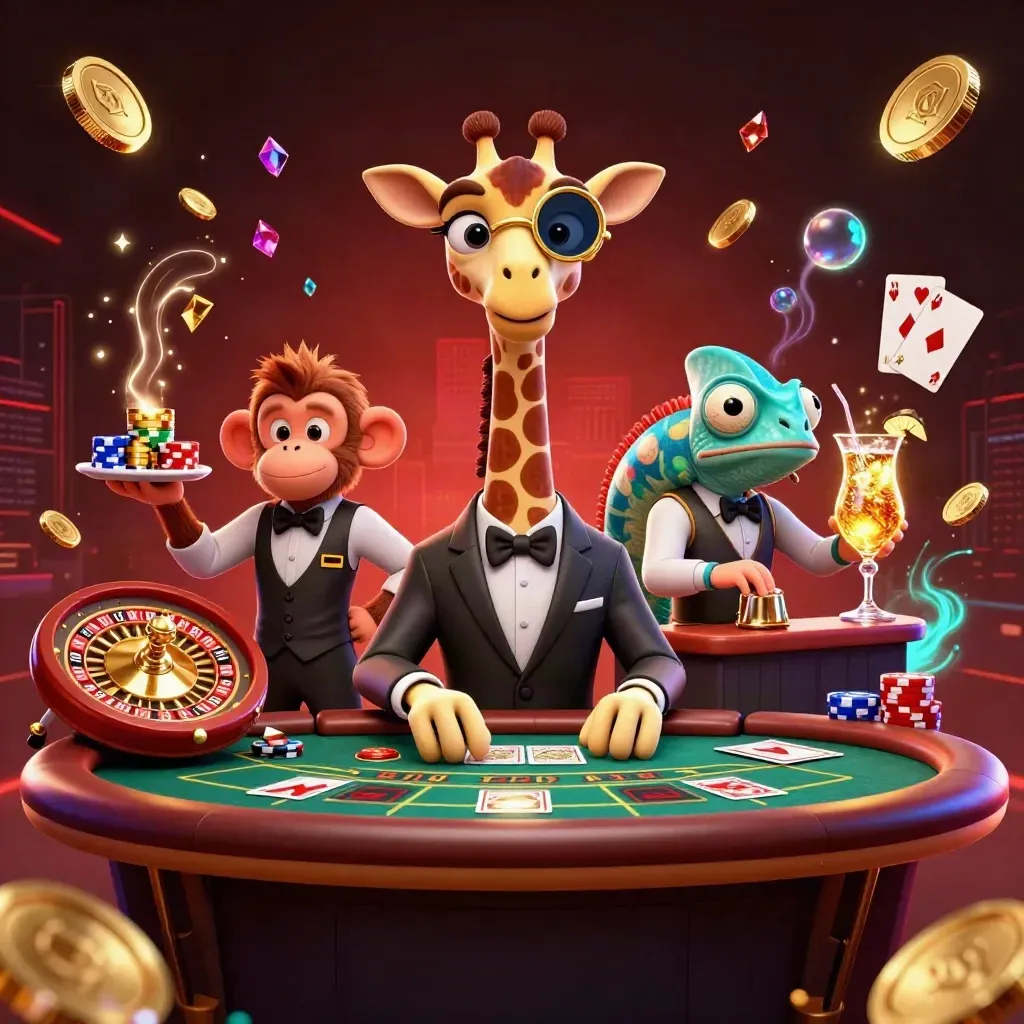 Giraffe, monkey, and chameleon at a glowing casino table amid coins, cards, chips, and fireworks.