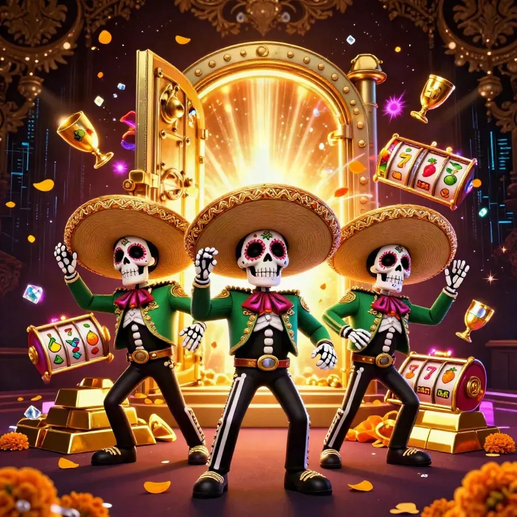 Skeleton mariachi trio amid vault gold, gems, neon streaks, and casino glow