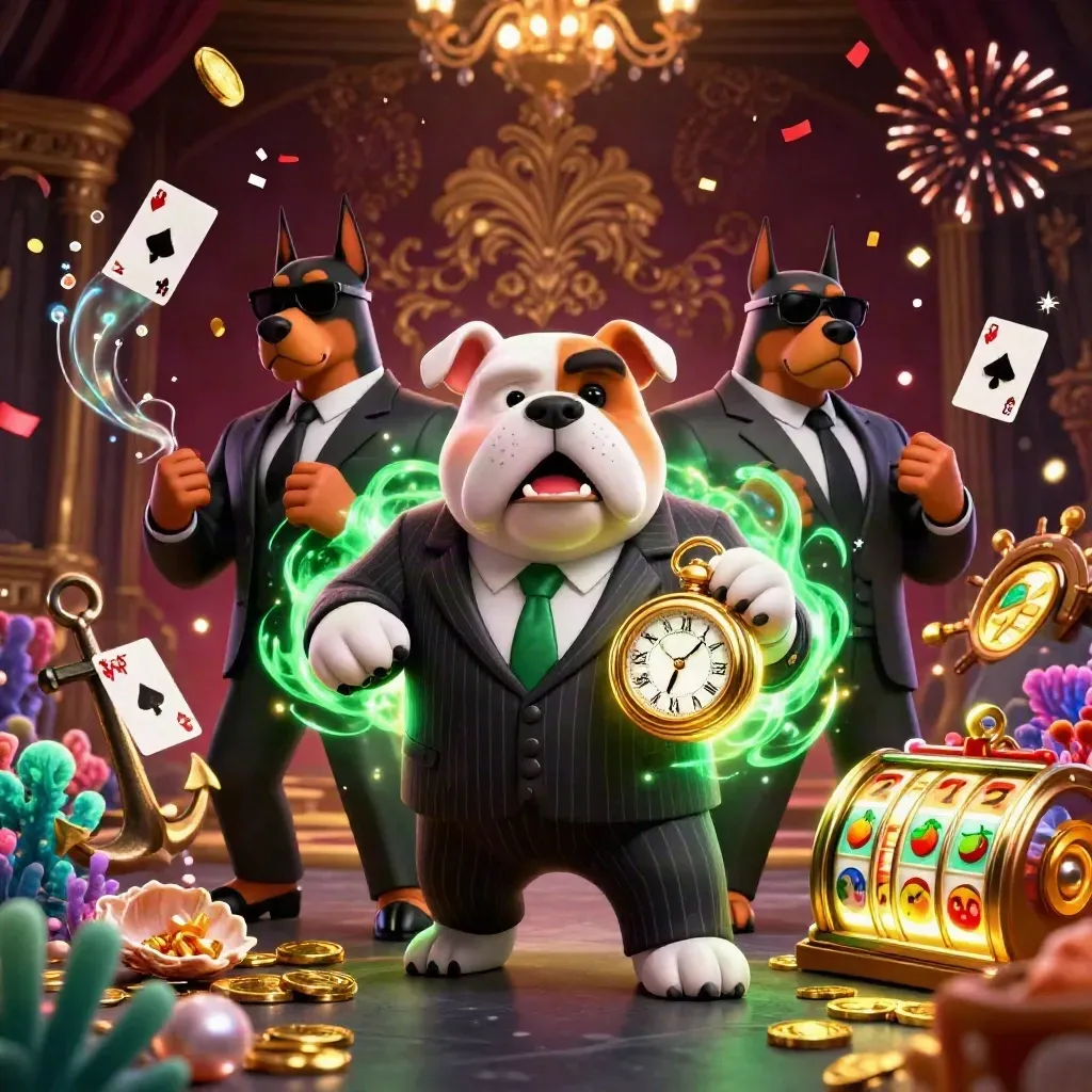 Bulldog mob boss with two Dobermans amid casino treasure, coral, coins, and glowing reels.